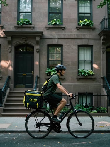 A professional courier on a sleek black bicycle riding past historic sandstone brownstones in Brooklyn, moody afternoon light, deep green tones, 35mm film style.