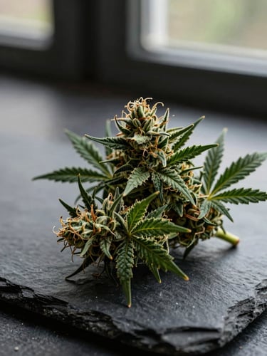 Macro close-up of beautifully manicured cannabis flower buds resting on a dark slate surface, moody natural window light with deep shadows, rich forest green tones