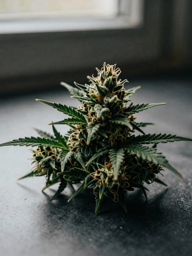 Macro shot of a beautifully manicured cannabis flower bud on a clean slate surface, moody natural window light with deep shadows, rich forest green tones, 35mm film lens.