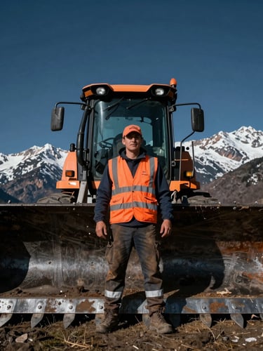 Low-angle heroic portrait of a clean-cut land clearing operator in a safety orange vest standing next to a massive forestry mulcher, high-contrast mountain daylight.