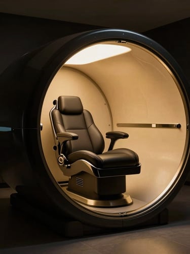 A sleek, minimalist black and chrome hyperbaric chamber in a dimly lit private suite, warm gold ambient lighting, ultra-luxury clinical aesthetic