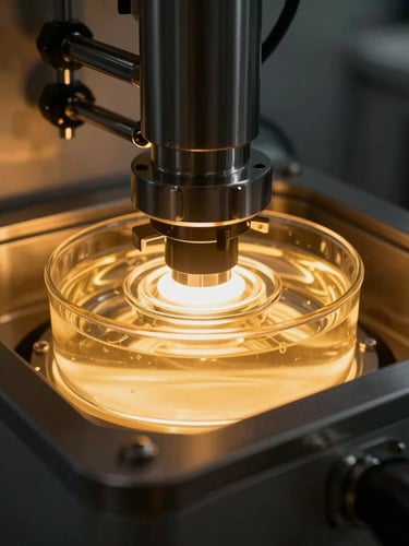 Close-up of a high-tech clinical bioreactor with glowing golden fluid, brushed metal surfaces, sharp 35mm focus, dark luxury clinical photography.