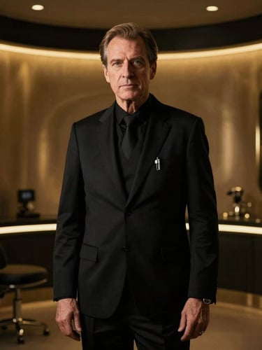 High-fashion portrait of a distinguished medical director in a dark, ultra-luxurious clinical environment, dramatic golden lighting, deep shadows, professional, authoritative, 35mm