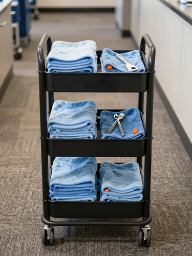 Straight-on eye-level view of an organized utility cart with clean microfiber cloths and tools standing on a freshly vacuumed commercial carpet, bright natural lighting.