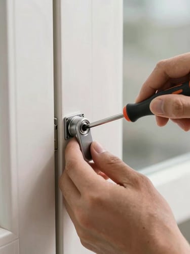 Close-up detail shot of hands carefully repairing a commercial door fixture with a screwdriver, bright natural daylight, clean metal surfaces.