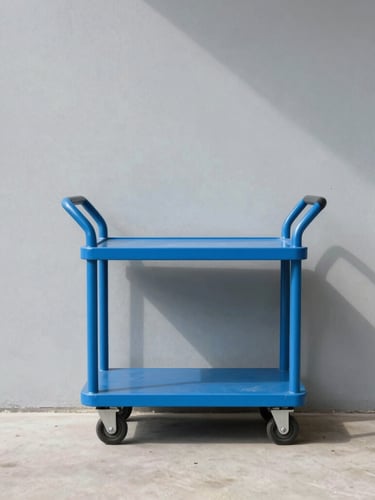 Straight-on, eye-level shot of a clean commercial corridor, a modern blue utility cart parked neatly against a light gray wall, bright natural daylight, crisp lines.