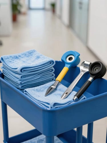 Close-up shot of a pristine, organized blue utility cart stocked with clean microfiber cloths and professional maintenance tools, positioned in a bright, modern office hallway with clean lines and natural light.