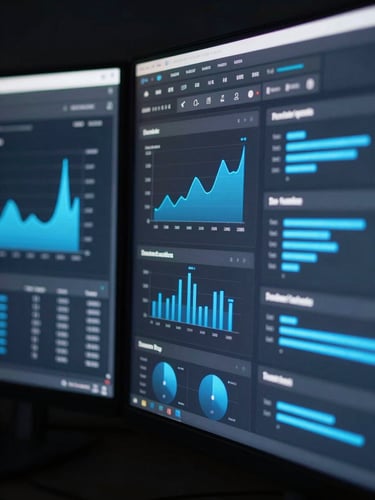 Macro shot of a dark mode dashboard interface on a dual monitor setup, cool-toned screen glow, sharp focus on clean interactive charts and electric blue data visualizations, 35mm