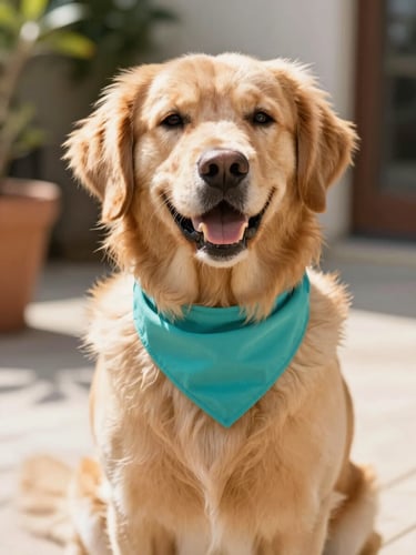A cheerful golden retriever wearing a vibrant teal pet bandana, sitting in a sunlit patio, close-up, warm natural light, shallow depth of field