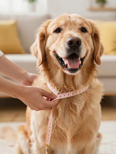 A close-up of a person gently measuring a happy golden retriever around the chest with a soft measuring tape, warm natural light, cozy home background, vibrant colors.
