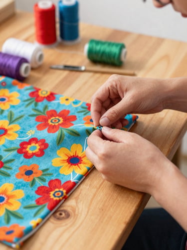 Close-up of hands carefully sewing a colorful floral pet fabric on a wooden table in a bright, warm workshop in Guanajuato