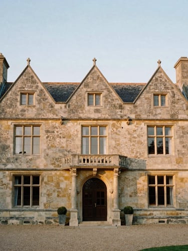 Straight-on architectural elevation of a restored Tudor revival manor house, soft golden-hour natural light, warm stone details, medium format film