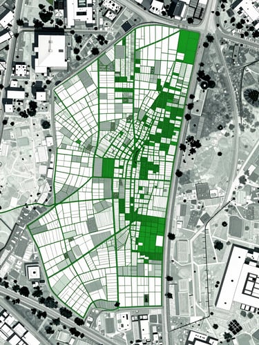 Top-down satellite GIS overlay of land parcels with sharp green vector boundaries, cool-toned technical photography, clinical precision
