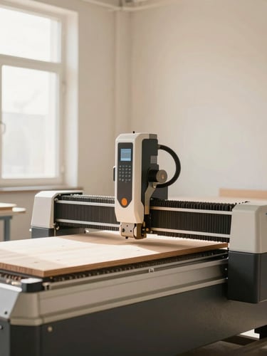 Eye-level view of a modern CNC panel cutting machine in a clean wood manufacturing plant, warm natural morning light, dust-free environment, 50mm lens