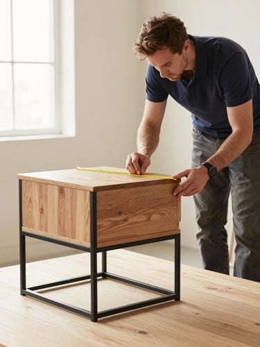A skilled furniture craftsman measuring a finished oak and steel bedside table prototype in a bright, clean workshop, soft natural light, professional editorial composition