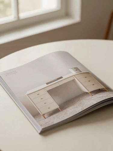 A beautifully styled catalog cover lying on a neutral cream table, soft natural window light, showcasing high-end minimalist vanity tables and writing desks, warm editorial product photography, 50mm lens