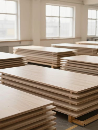 Wide shot of organized factory floor with stacks of flat-pack furniture panels ready for packaging, warm natural light through high windows, clean industrial setting