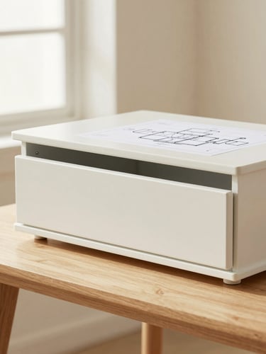 Close-up of a technical CAD drawing of a vanity table on a clean wooden desk, soft natural window light, cream background, professional furniture engineering detail