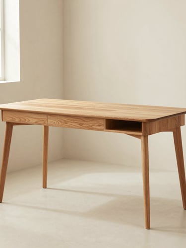 Warm editorial product photography of a modern wooden writing desk in a soft neutral cream studio, natural side lighting, 50mm lens