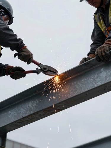 Industrial dismantling crew using heavy shears to cut through a structural steel beam, sparks flying, raw unpolished action shot, overcast daylight, 35mm lens