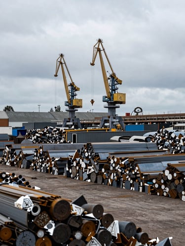 Wide environmental shot of a high-volume material recovery yard under overcast daylight, massive sorted steel piles, heavy crane in background, sharp focus, 35mm lens