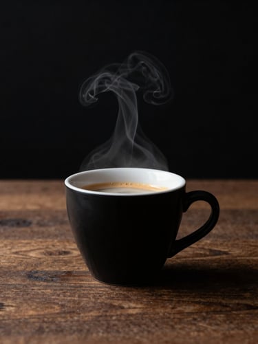 Portrait shot of a freshly pulled espresso shot in a black cup, steam rising, high-contrast side-lighting, deep blacks, crisp whites, warm wood texture in background, 35mm lens