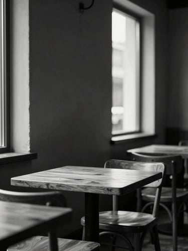 Clean architectural shot of a monochrome café interior, warm wood accents on tables and chairs, high-contrast side-lighting, natural light filtering through windows, 35mm lens.