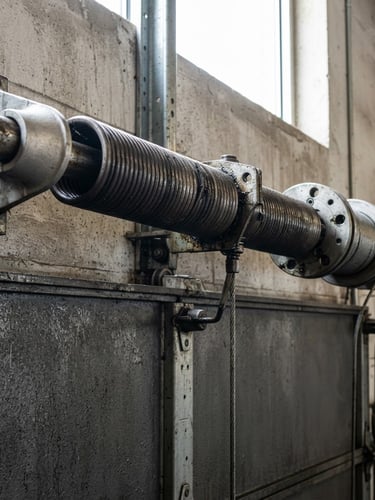 Close-up of a heavy-duty steel garage door torsion spring under high tension, crisp architectural photography, bright natural daylight, sharp focus