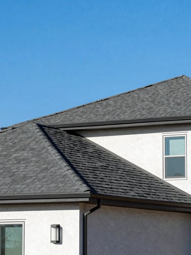 Crisp architectural photography of a modern residential home in Utah under a bright blue sky, showcasing clean lines of a newly installed charcoal architectural shingle roof, morning daylight