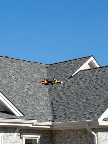 A professional roofing crew working safely on a residential roof in Utah, bright high-noon daylight, clear blue sky, sharp focus on architectural shingles
