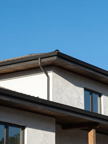 Crisp architectural photography of a modern residential roof against a vivid blue Utah sky, bright clear morning daylight, sharp structural details