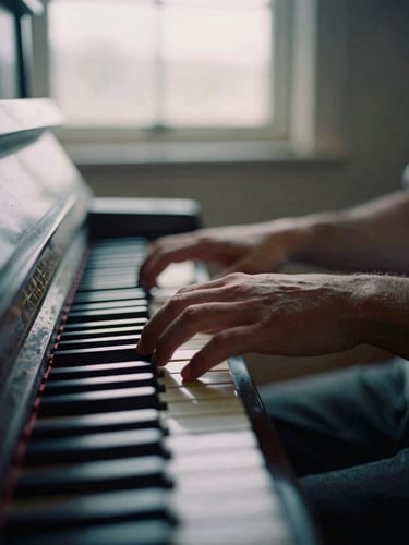 Moody close-up of hands resting on the keys of an old felted upright piano, soft twilight window light filtering through dust motes, 35mm film photography.