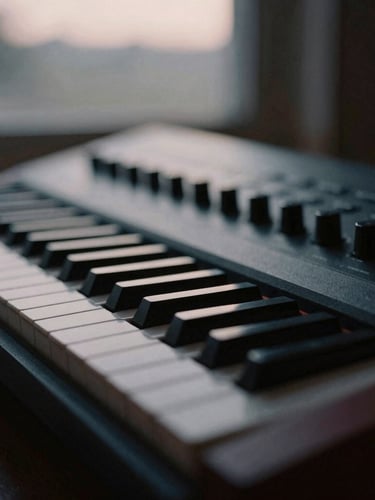 Extreme close-up of a vintage analog synthesizer, low-key moody natural twilight light, desaturated charcoal tones, 35mm film photography.