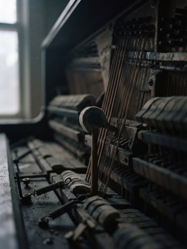 Extreme close-up of the interior of a felted upright piano, moody twilight window light filtering through dust, shallow depth of field, 35mm film photography