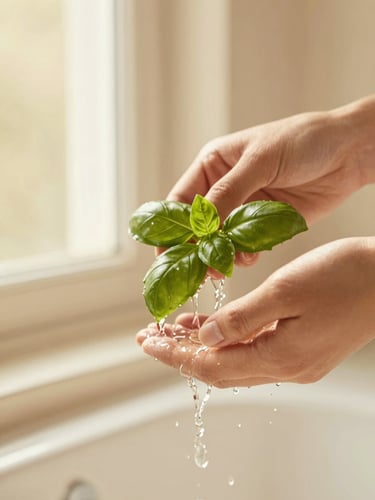 Close-up of hands pouring crystal-clear spring water over green basil leaves, warm morning window light, cream and pale gold tones, shallow depth of field, 35mm