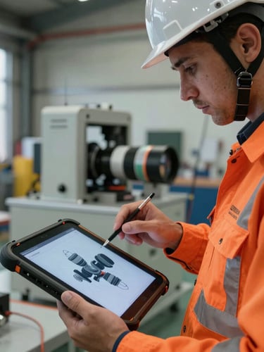 Close-up of a COREN-certified engineer in high-visibility orange gear examining a 3D laser scanning model on a rugged tablet in a fabrication yard, daylight.