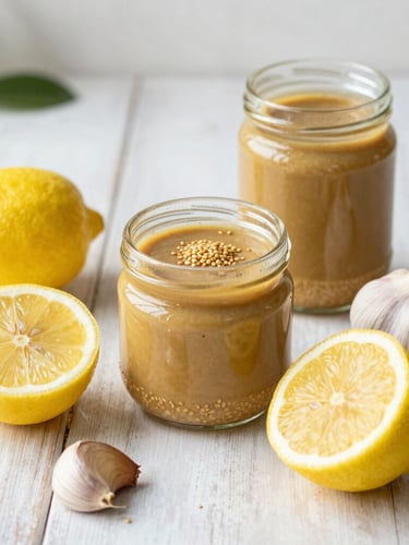 A rustic kitchen table with raw ingredients, featuring halved fresh lemons, whole garlic cloves, and a jar of rich sesame tahini, bright natural Florida kitchen light