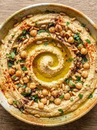 Top-down food photography of a deep swirling bowl of creamy hummus, topped with a pool of golden olive oil, whole chickpeas, and toasted pine nuts, bright natural daylight