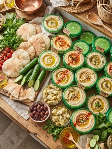 Overhead flat-lay of a vibrant Mediterranean deli counter, showcasing tubs of creamy hummus with signature green lids nestled next to fresh pita bread and crisp cucumbers under bright, natural Florida sunlight.