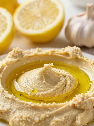 Close-up macro shot of a creamy hummus swirl under a pool of cold-pressed olive oil, fresh lemon halves and raw garlic cloves in the soft-focus background, warm morning kitchen light.