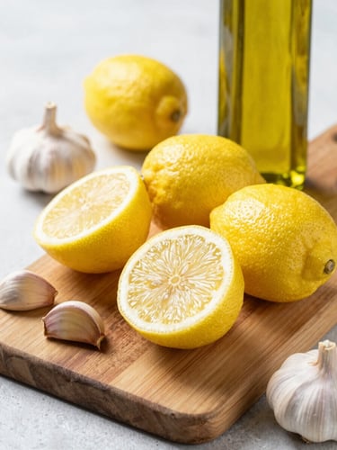 Vibrant editorial food photography of fresh lemons halved on a rustic wooden board, whole garlic cloves, and a bottle of cold-pressed olive oil in bright daylight.