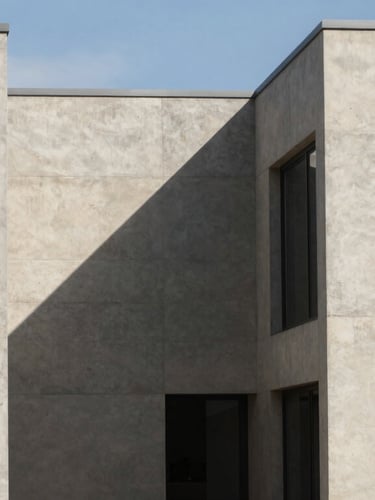 Minimalist architectural lines of a modern concrete building in Stellenbosch, sharp geometric shadows, bright natural daylight, 35mm lens.