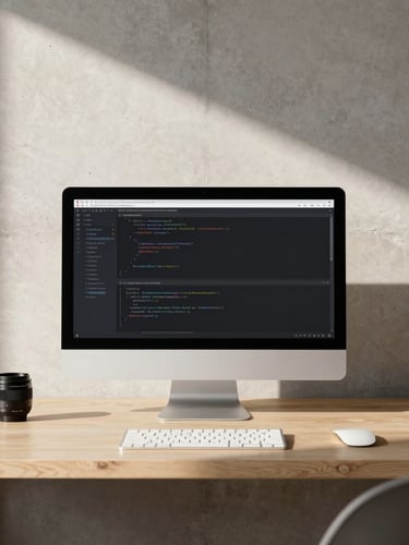 Minimalist workspace with warm side-light, a clean monitor displaying elegant code structures, concrete walls, architectural shadows, 35mm lens.
