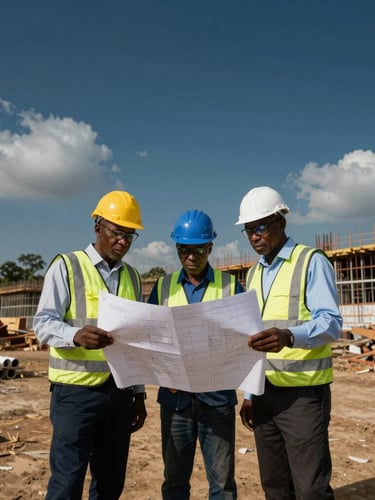 A wide-angle environmental portrait of senior Nigerian engineers reviewing blueprints on an active infrastructure construction site under dramatic natural daylight.
