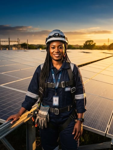 A premium industrial portrait of a Nigerian engineer in high-visibility safety gear standing before a solar array, dramatic golden hour light, sharp focus, editorial style.