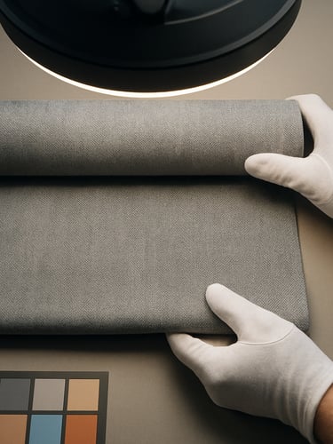 Close overhead shot of a quality inspection station, a technician's gloved hands unrolling a dense fabric bolt under a daylight-balanced inspection lamp, color-reference cards visible at frame edge, flat neutral surface