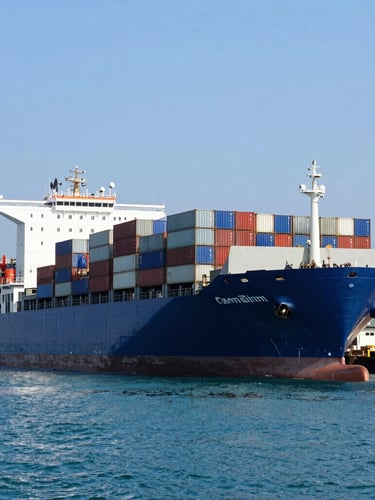 Wide-angle industrial daylight shot of a massive container ship docked at Mumbai port, towering stacks of steel containers, deep blue harbor water, clear sky.