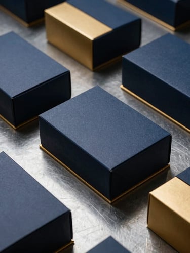 Minimalist studio shot of premium corporate gift boxes in structured navy and gold packaging, arranged orderly on a steel surface, sharp directional lighting