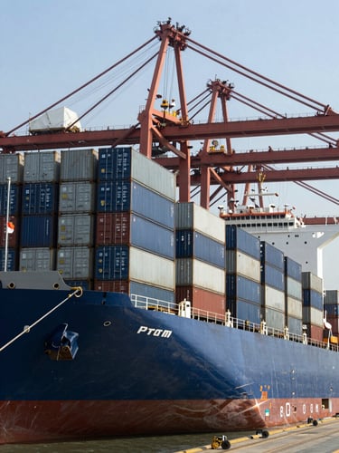 High-contrast industrial daylight shot of a massive container vessel docked at Mumbai harbor, stacks of blue and steel gray shipping containers, cranes overhead.