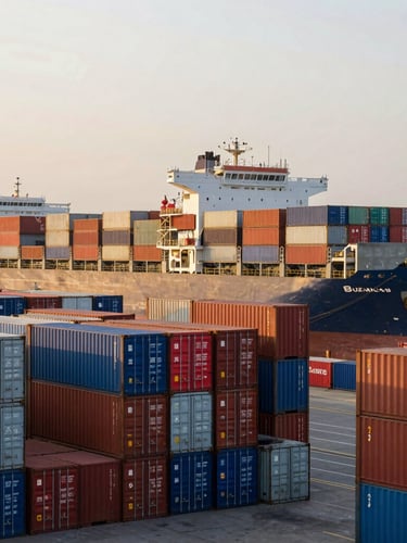 Vessel-ready shipping containers stacked at Mumbai port, massive cargo ship in background, golden hour lighting.